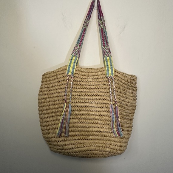 Fallon & Royce Gemma Bahama Woven Straw Tote Bag Natural Colorful Large Beach - Picture 2 of 11